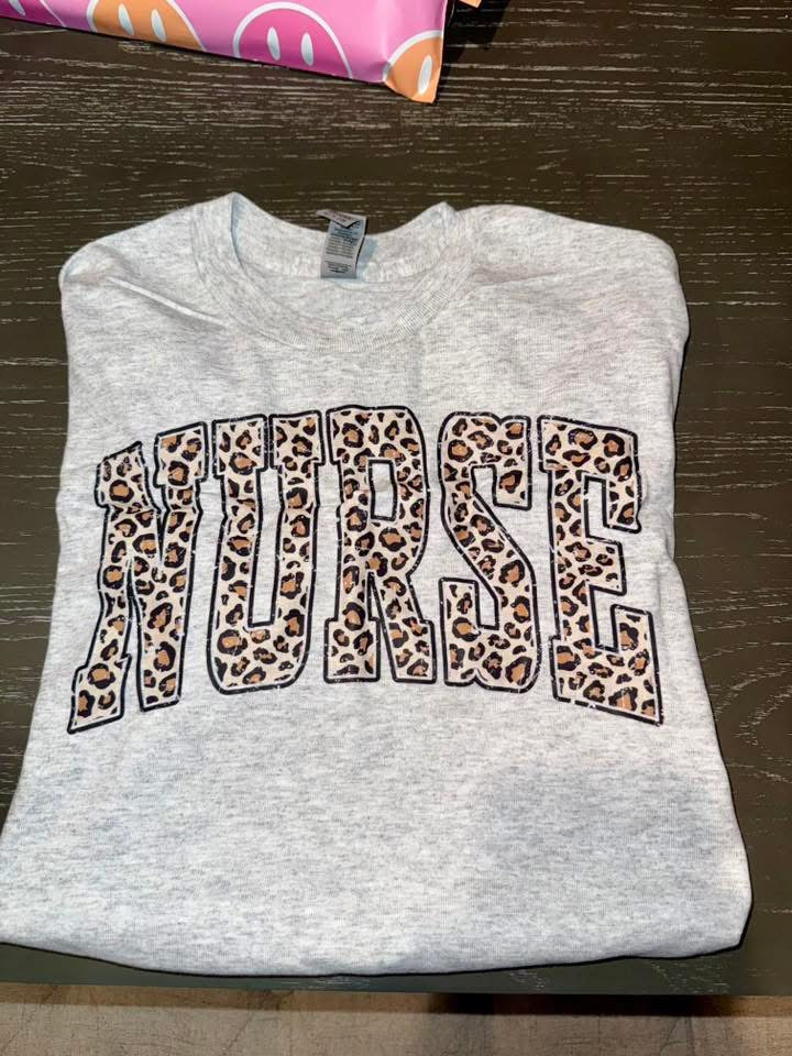 leopard nurse grey gildan small tee RTS, ships next day
