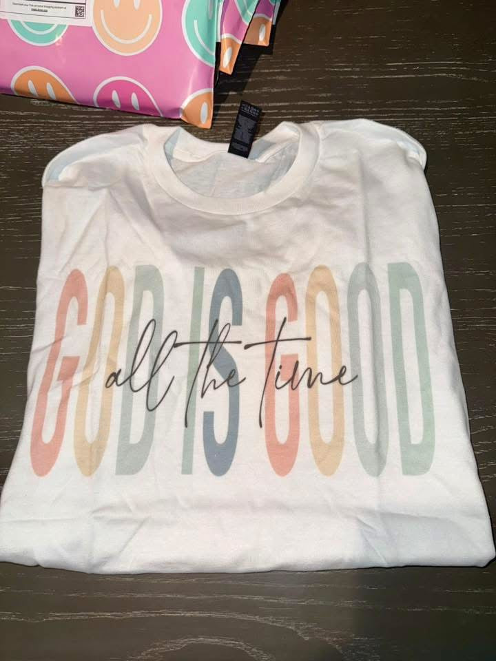 God is good all the time white gildan medium tee RTS, ships next day
