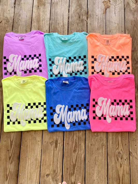 Mama Checkered Puff Neon Tees